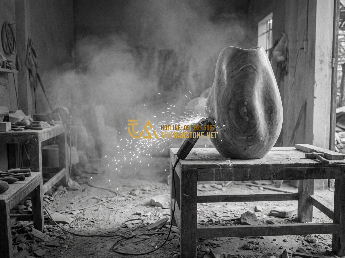 Lục Bình Đá Cẩm Thạch & Thạch Anh Đẹp: Mẫu Lục Bình Đá Trắng, Ngọc Xanh & Da Báo Sang Trọng - Tạo ảnh tiếng Anh: An authentic view of a stone carving workshop (Thiên An Stone