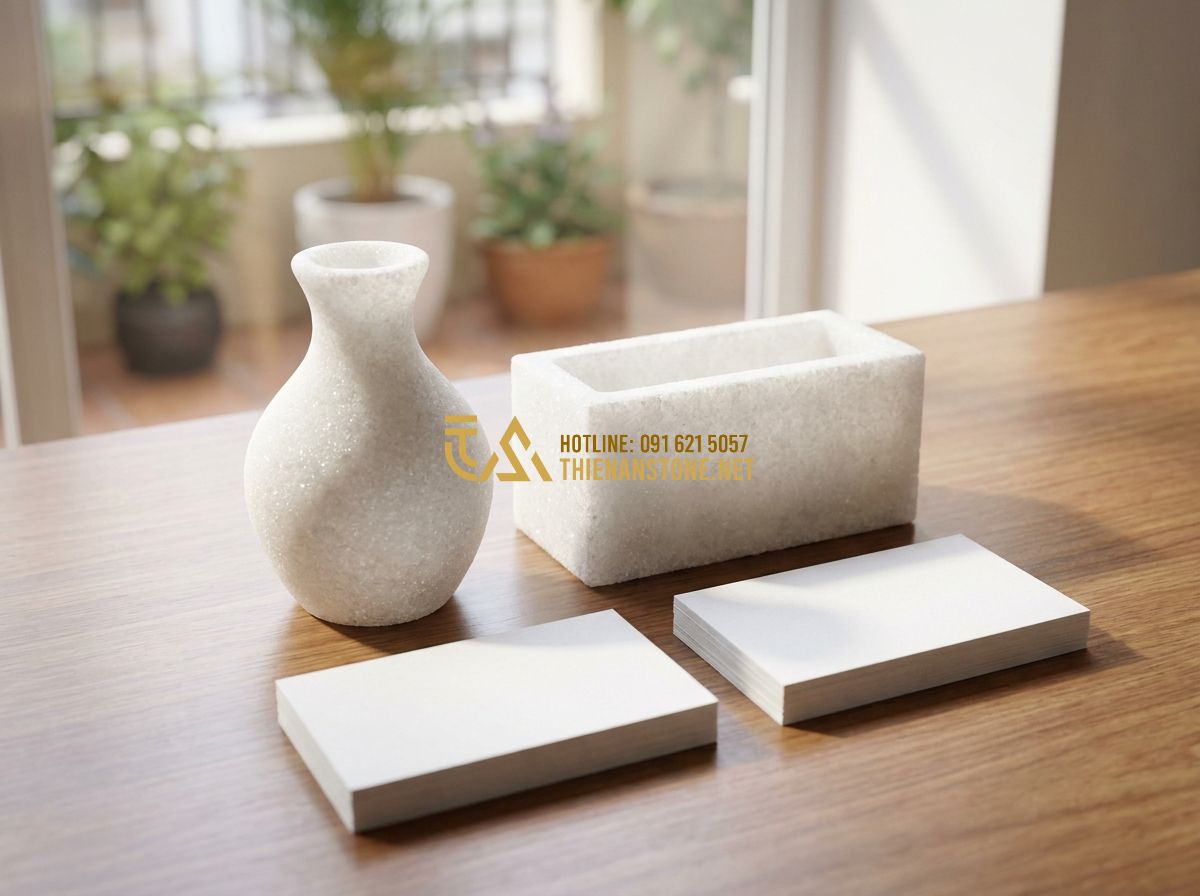 Lục Bình Đá Cẩm Thạch & Thạch Anh Đẹp: Mẫu Lục Bình Đá Trắng, Ngọc Xanh & Da Báo Sang Trọng - Tạo ảnh tiếng Anh: A professional business card and branding elements of 'Thiên
