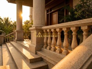 Lục Bình Đá Hoa Cương Tự Nhiên: Đặc Điểm, Ứng Dụng Lan Can & Trang Trí Ngoại Thất 2026 - Detailed architectural photography of a luxury villa entrance featuring grand na