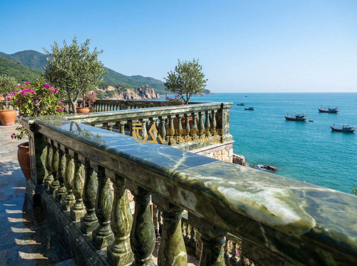 Lục Bình Đá Hoa Cương Tự Nhiên: Đặc Điểm, Ứng Dụng Lan Can & Trang Trí Ngoại Thất 2026 - A wide shot of a Mediterranean-style terrace overlooking the ocean, featuring a