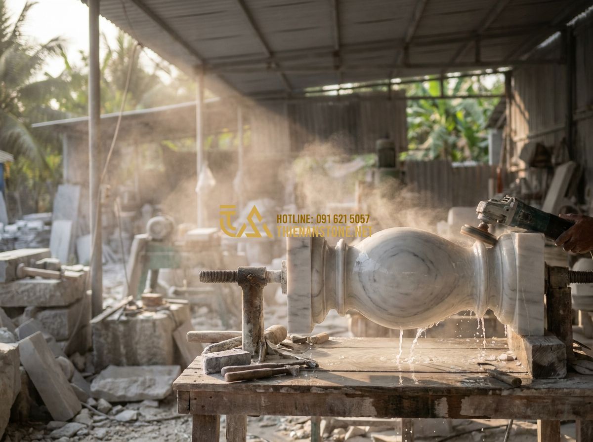 Lục Bình Đá Hoa Cương Tự Nhiên: Đặc Điểm, Ứng Dụng Lan Can & Trang Trí Ngoại Thất 2026 - A skilled artisan in a workshop carefully polishing a large granite baluster usi