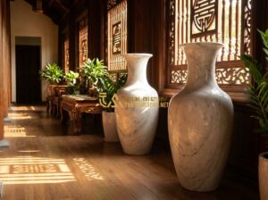 Lục Bình Đá Phong Thủy Mang Lại Điều Gì? Ý Nghĩa & Cách Bài Trí Đúng Chuẩn - Tạo ảnh tiếng Anh: A pair of grand natural white marble feng shui vases standing
