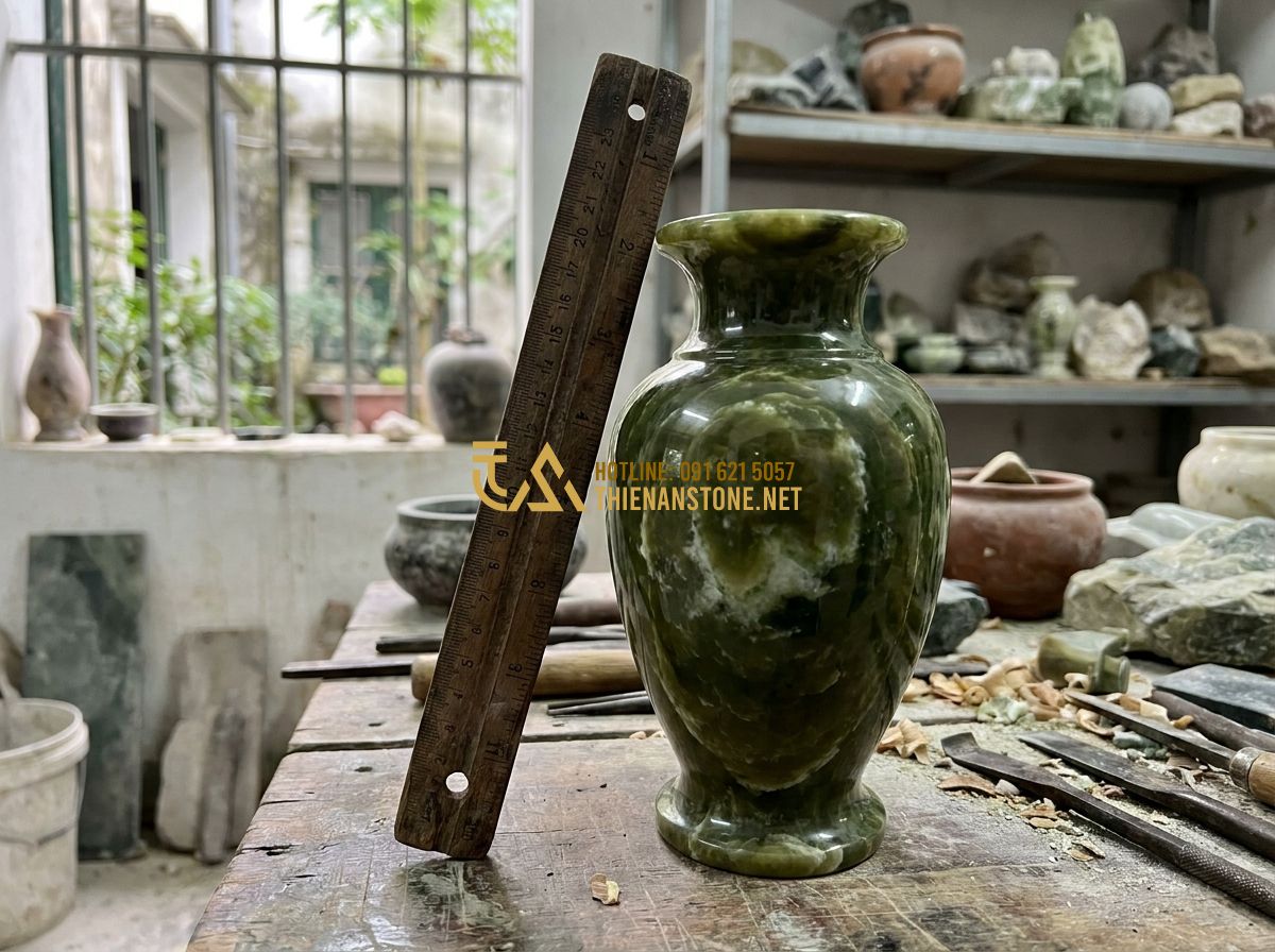 Lục Bình Đá Phong Thủy Mang Lại Điều Gì? Ý Nghĩa & Cách Bài Trí Đúng Chuẩn - Hình 10 Lục Bình Đá Phong Thủy Mang Lại Điều Gì? Ý Nghĩa & Cách Bài Trí Đúng Chuẩn - Tạo ảnh tiếng Anh: A master craftsman holding a traditional Lu Ban ruler against
