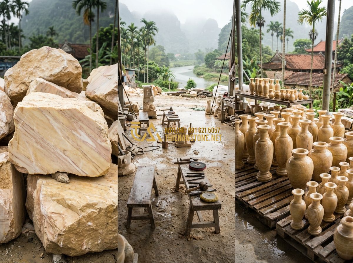 Lục Bình Đá Phong Thủy Mang Lại Điều Gì? Ý Nghĩa & Cách Bài Trí Đúng Chuẩn - Hình 11 Lục Bình Đá Phong Thủy Mang Lại Điều Gì? Ý Nghĩa & Cách Bài Trí Đúng Chuẩn - Tạo ảnh tiếng Anh: A panoramic view of an outdoor stone workshop in a valley, wi