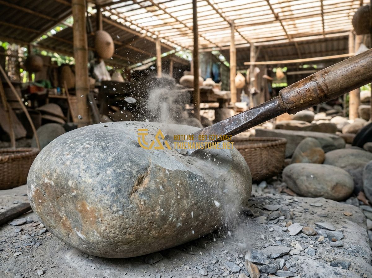 Lục Bình Đá Phong Thủy Mang Lại Điều Gì? Ý Nghĩa & Cách Bài Trí Đúng Chuẩn - Hình 12 Lục Bình Đá Phong Thủy Mang Lại Điều Gì? Ý Nghĩa & Cách Bài Trí Đúng Chuẩn - Tạo ảnh tiếng Anh: High-action shot of an artisan's face focused intensely as he