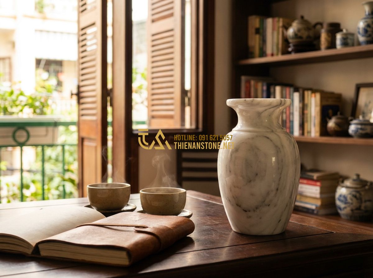 Lục Bình Đá Phong Thủy Mang Lại Điều Gì? Ý Nghĩa & Cách Bài Trí Đúng Chuẩn - Hình 13 Lục Bình Đá Phong Thủy Mang Lại Điều Gì? Ý Nghĩa & Cách Bài Trí Đúng Chuẩn - Tạo ảnh tiếng Anh: A heart-warming scene of a young couple smiling as they place
