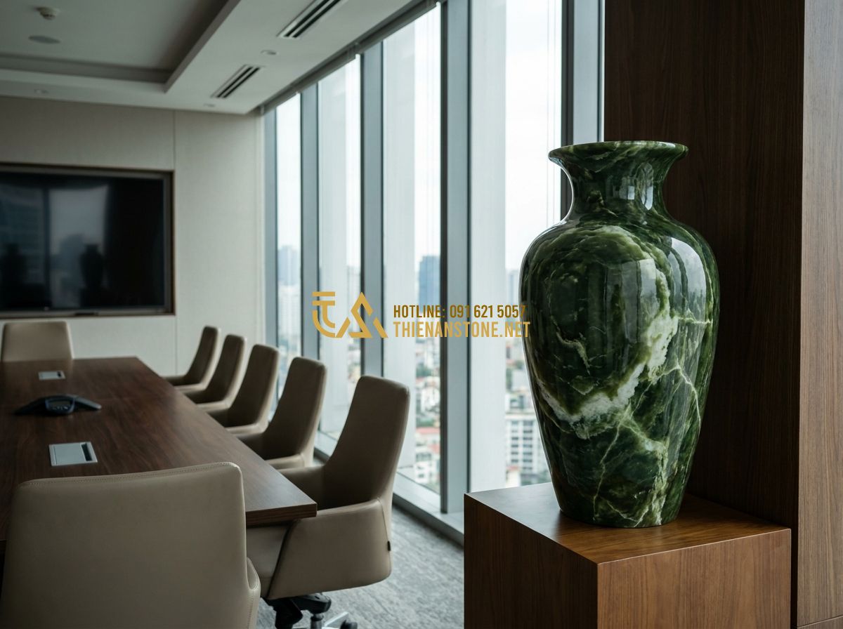 Lục Bình Đá Phong Thủy Mang Lại Điều Gì? Ý Nghĩa & Cách Bài Trí Đúng Chuẩn - Hình 14 Lục Bình Đá Phong Thủy Mang Lại Điều Gì? Ý Nghĩa & Cách Bài Trí Đúng Chuẩn - Tạo ảnh tiếng Anh: A stylish woman in a business suit giving a confident present
