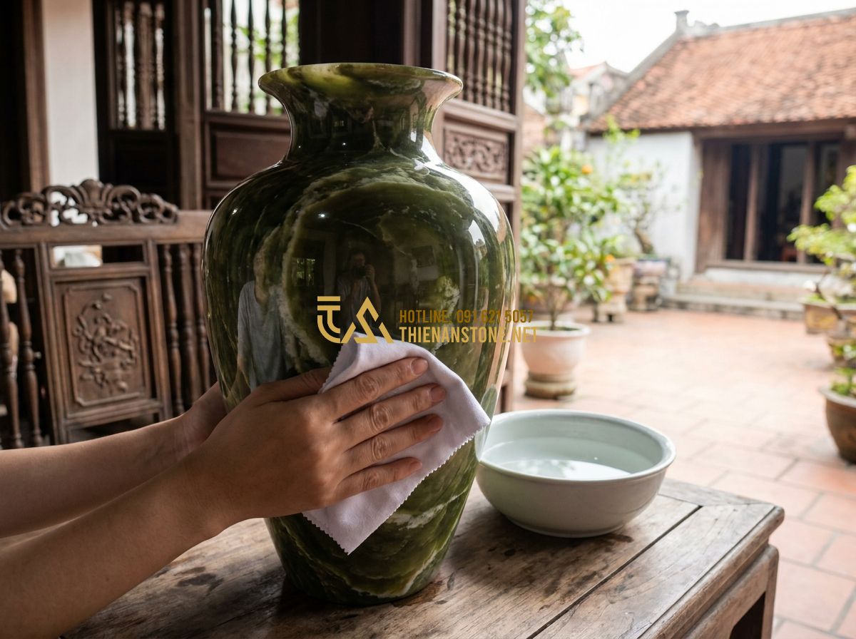 Lục Bình Đá Phong Thủy Mang Lại Điều Gì? Ý Nghĩa & Cách Bài Trí Đúng Chuẩn - Hình 15 Lục Bình Đá Phong Thủy Mang Lại Điều Gì? Ý Nghĩa & Cách Bài Trí Đúng Chuẩn - Tạo ảnh tiếng Anh: A detailed guide showing a person gently cleaning a stone vas
