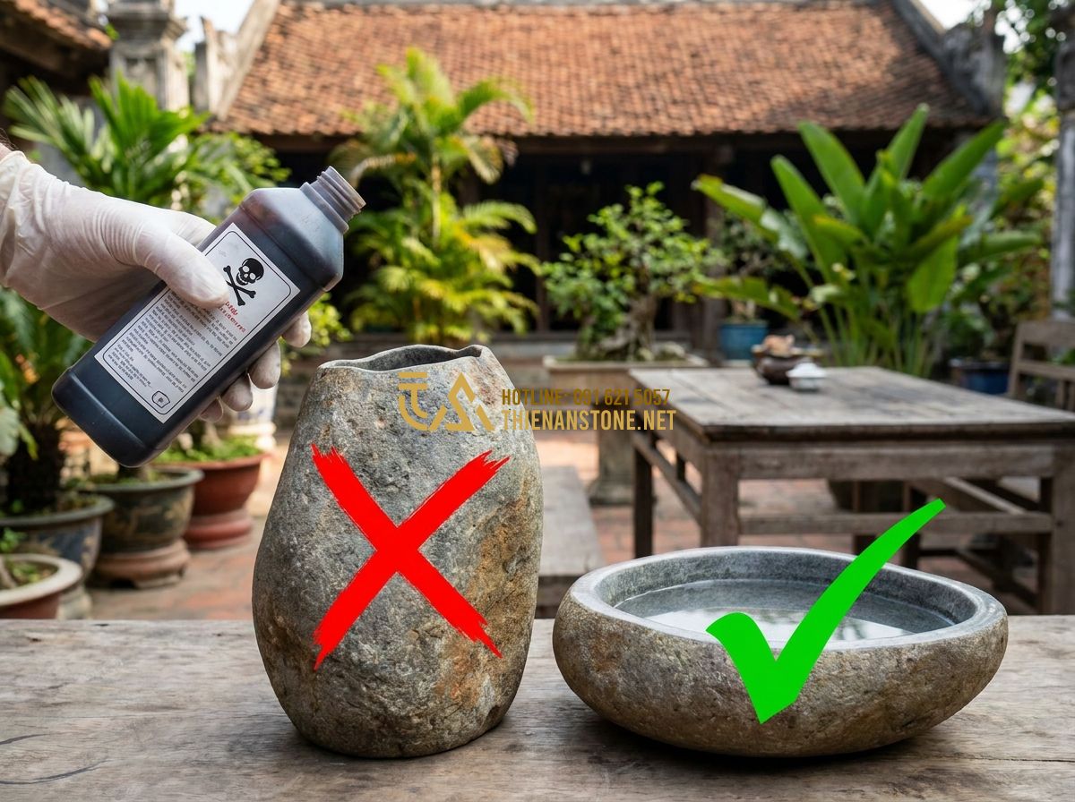 Lục Bình Đá Phong Thủy Mang Lại Điều Gì? Ý Nghĩa & Cách Bài Trí Đúng Chuẩn - Hình 16 Lục Bình Đá Phong Thủy Mang Lại Điều Gì? Ý Nghĩa & Cách Bài Trí Đúng Chuẩn - Tạo ảnh tiếng Anh: A warning illustration showing a hand holding a bottle of har