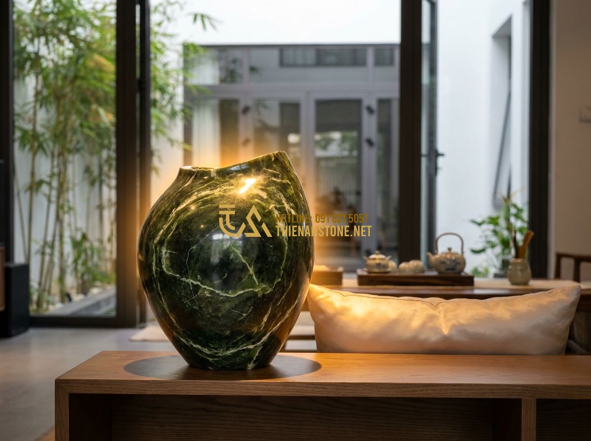 Lục Bình Đá Phong Thủy Mang Lại Điều Gì? Ý Nghĩa & Cách Bài Trí Đúng Chuẩn - Hình 3 Lục Bình Đá Phong Thủy Mang Lại Điều Gì? Ý Nghĩa & Cách Bài Trí Đúng Chuẩn - Tạo ảnh tiếng Anh: A conceptual illustration of a stone vase emitting golden lig