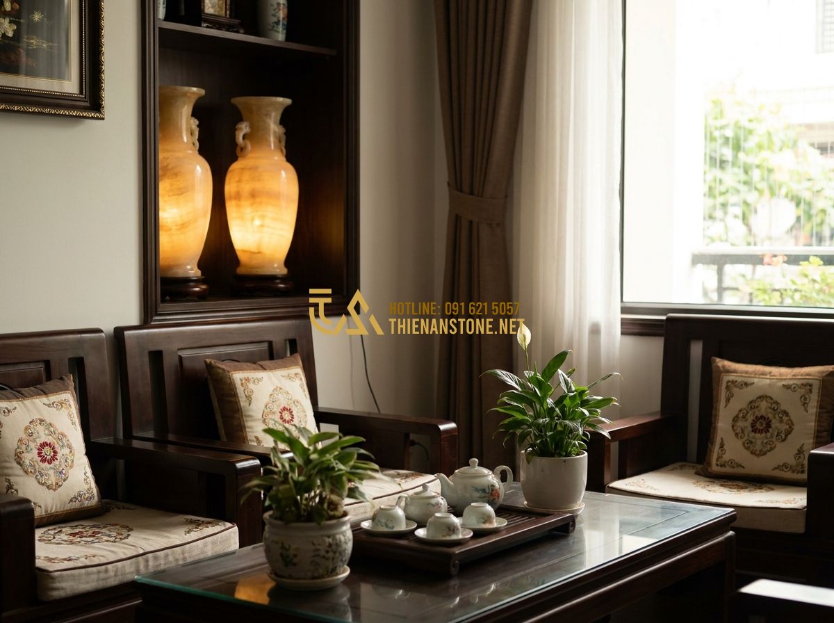 Lục Bình Đá Phong Thủy Mang Lại Điều Gì? Ý Nghĩa & Cách Bài Trí Đúng Chuẩn - Hình 4 Lục Bình Đá Phong Thủy Mang Lại Điều Gì? Ý Nghĩa & Cách Bài Trí Đúng Chuẩn - Tạo ảnh tiếng Anh: A family of three generations gathered in a cozy living room,