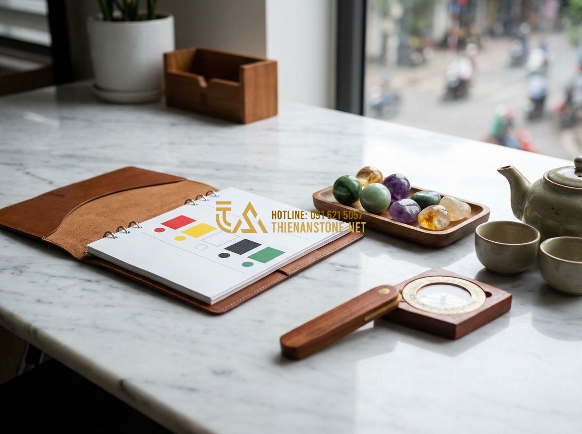 Lục Bình Đá Phong Thủy Mang Lại Điều Gì? Ý Nghĩa & Cách Bài Trí Đúng Chuẩn - Hình 5 Lục Bình Đá Phong Thủy Mang Lại Điều Gì? Ý Nghĩa & Cách Bài Trí Đúng Chuẩn - Tạo ảnh tiếng Anh: A professional feng shui expert in a modern office, showing a