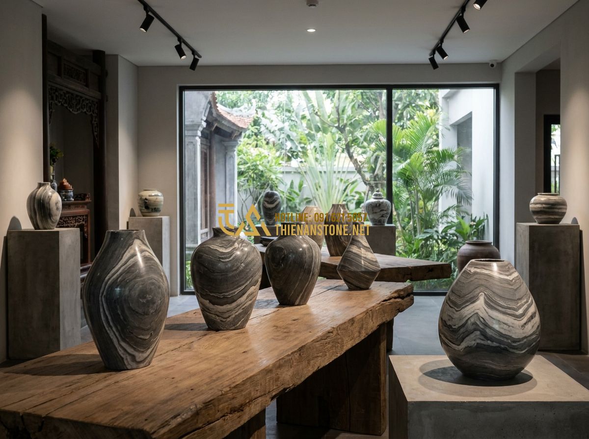Lục Bình Đá Phong Thủy Mang Lại Điều Gì? Ý Nghĩa & Cách Bài Trí Đúng Chuẩn - Hình 6 Lục Bình Đá Phong Thủy Mang Lại Điều Gì? Ý Nghĩa & Cách Bài Trí Đúng Chuẩn - Tạo ảnh tiếng Anh: A high-end showroom displaying various natural stone vases in