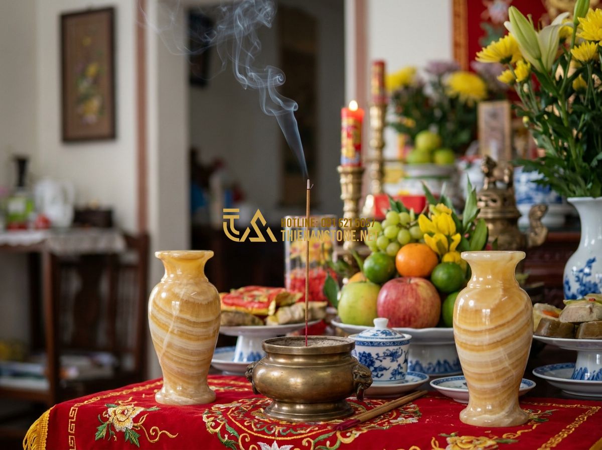 Lục Bình Đá Phong Thủy Mang Lại Điều Gì? Ý Nghĩa & Cách Bài Trí Đúng Chuẩn - Hình 8 Lục Bình Đá Phong Thủy Mang Lại Điều Gì? Ý Nghĩa & Cách Bài Trí Đúng Chuẩn - Tạo ảnh tiếng Anh: A solemn and beautifully decorated Vietnamese ancestor altar