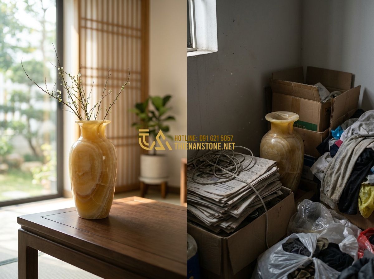 Lục Bình Đá Phong Thủy Mang Lại Điều Gì? Ý Nghĩa & Cách Bài Trí Đúng Chuẩn - Hình 9 Lục Bình Đá Phong Thủy Mang Lại Điều Gì? Ý Nghĩa & Cách Bài Trí Đúng Chuẩn - Tạo ảnh tiếng Anh: A split-screen illustration showing a correctly placed vase i