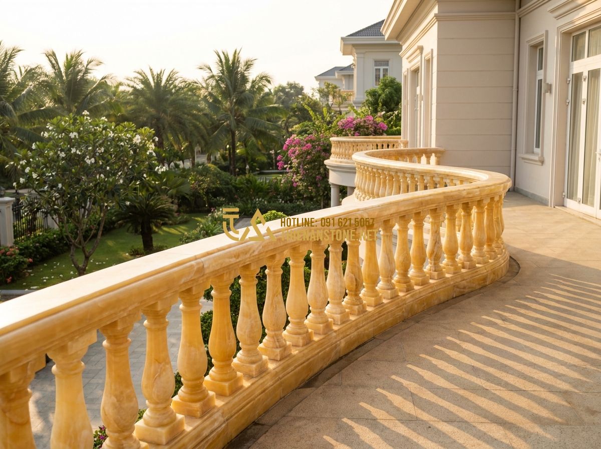 Lục Bình Đá Tự Nhiên Đẹp 2026: 130+ Mẫu Lục Bình Đá Lan Can & Trang Trí Phong Thủy Cao Cấp - Tạo ảnh tiếng Anh: A wide-angle shot of a luxurious villa's grand balcony overlo