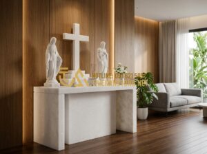 Mẫu Bàn Thờ Công Giáo Đơn Giản: Sự Tinh Tế Trong Không Gian Sống Tối Giản - Tạo ảnh tiếng Anh: A high-end minimalist Catholic altar in a modern living room.