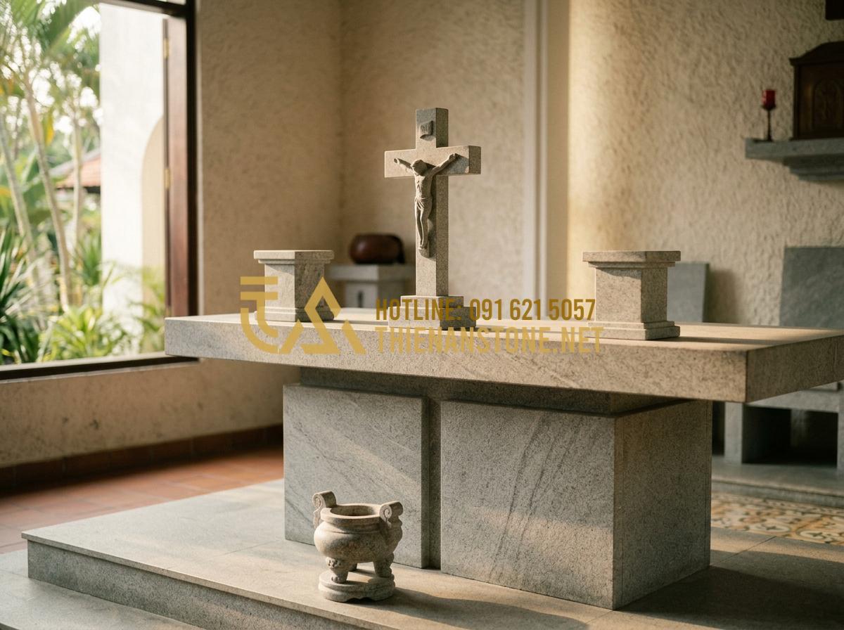 Mẫu Bàn Thờ Công Giáo Đơn Giản: Sự Tinh Tế Trong Không Gian Sống Tối Giản - Hình 2 Mẫu Bàn Thờ Công Giáo Đơn Giản: Sự Tinh Tế Trong Không Gian Sống Tối Giản - Tạo ảnh tiếng Anh: Close-up of a Catholic altar set. It features a modern stone