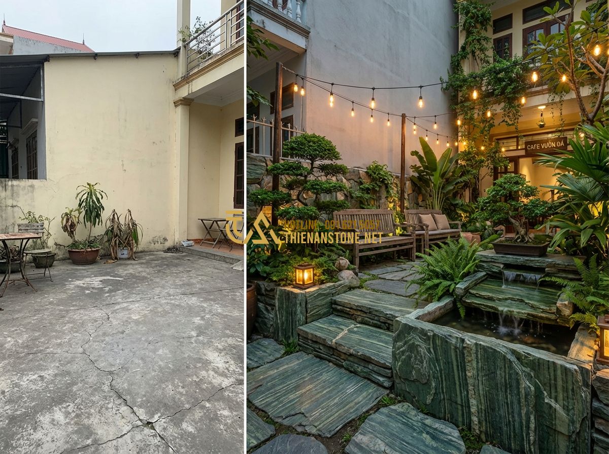 Mẫu Tiểu Cảnh Quán Cafe Sân Vườn Đẹp Và Thu Hút Khách - Hình 5 Mẫu Tiểu Cảnh Quán Cafe Sân Vườn Đẹp Và Thu Hút Khách - Tạo ảnh tiếng Anh: A before-and-after split image showing a transformation. On t