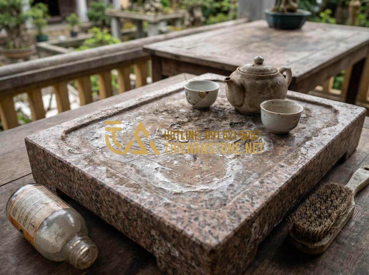 Mẹo Vệ Sinh Khay Trà Đá Luôn Sáng Bóng Như Mới Không Phải Ai Cũng Biết - Hình 15 Mẹo Vệ Sinh Khay Trà Đá Luôn Sáng Bóng Như Mới Không Phải Ai Cũng Biết - Common mistakes illustration showing damaged stone tea tray from using harsh che