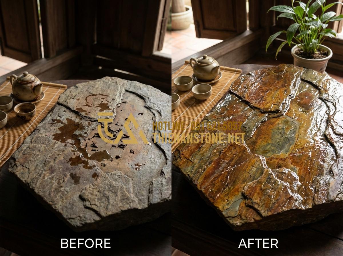 Mẹo Vệ Sinh Khay Trà Đá Luôn Sáng Bóng Như Mới Không Phải Ai Cũng Biết - Hình 3 Mẹo Vệ Sinh Khay Trà Đá Luôn Sáng Bóng Như Mới Không Phải Ai Cũng Biết - Before and after comparison of a dirty stone tea tray with tea stains versus a c