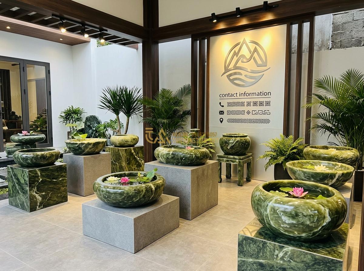 Mua Ang Nước Bằng Đá Tự Nhiên Ở Đâu Uy Tín? Địa Chỉ Chất Lượng Giá Tốt - Branded showroom of Da Canh Thien An displaying premium natural stone ang nuoc m