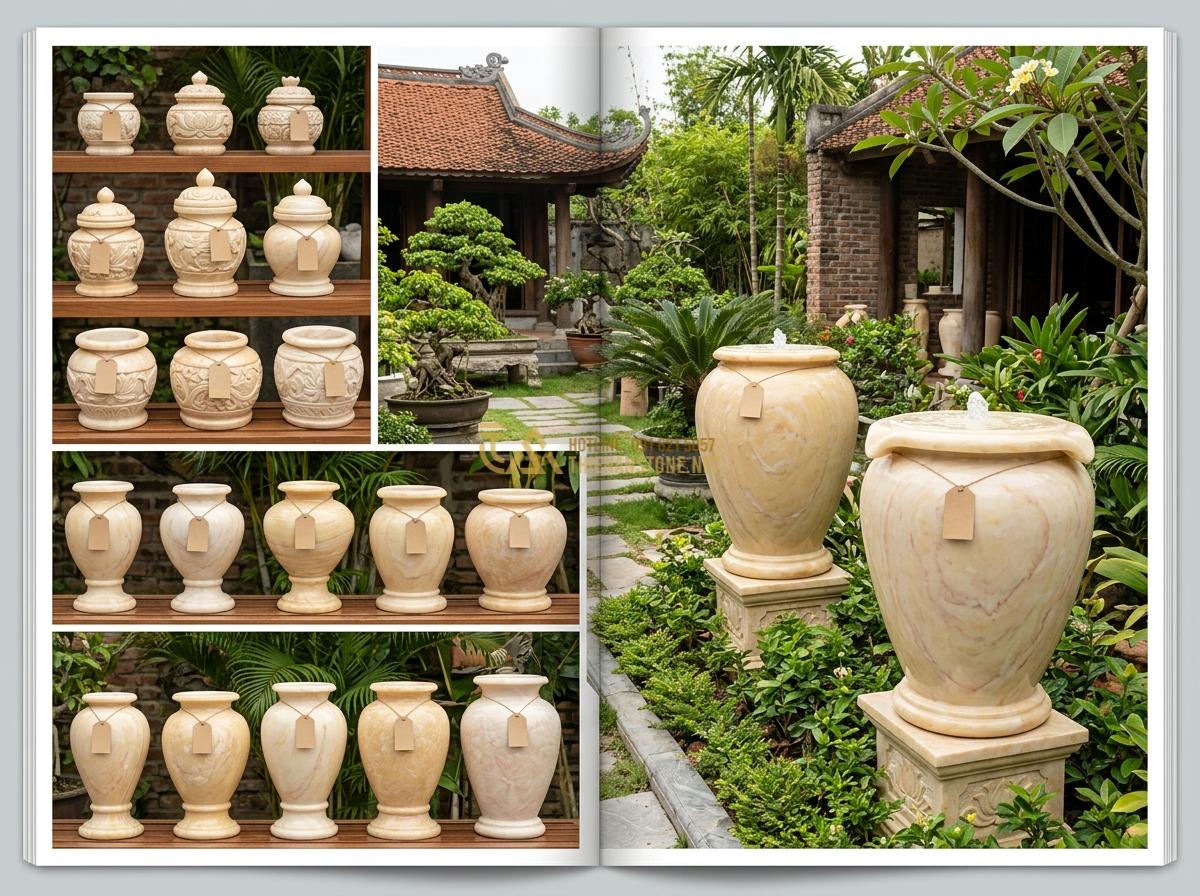 Mua Ang Nước Bằng Đá Tự Nhiên Ở Đâu Uy Tín? Địa Chỉ Chất Lượng Giá Tốt - Various sizes and styles of natural stone water urns displayed with price tags i