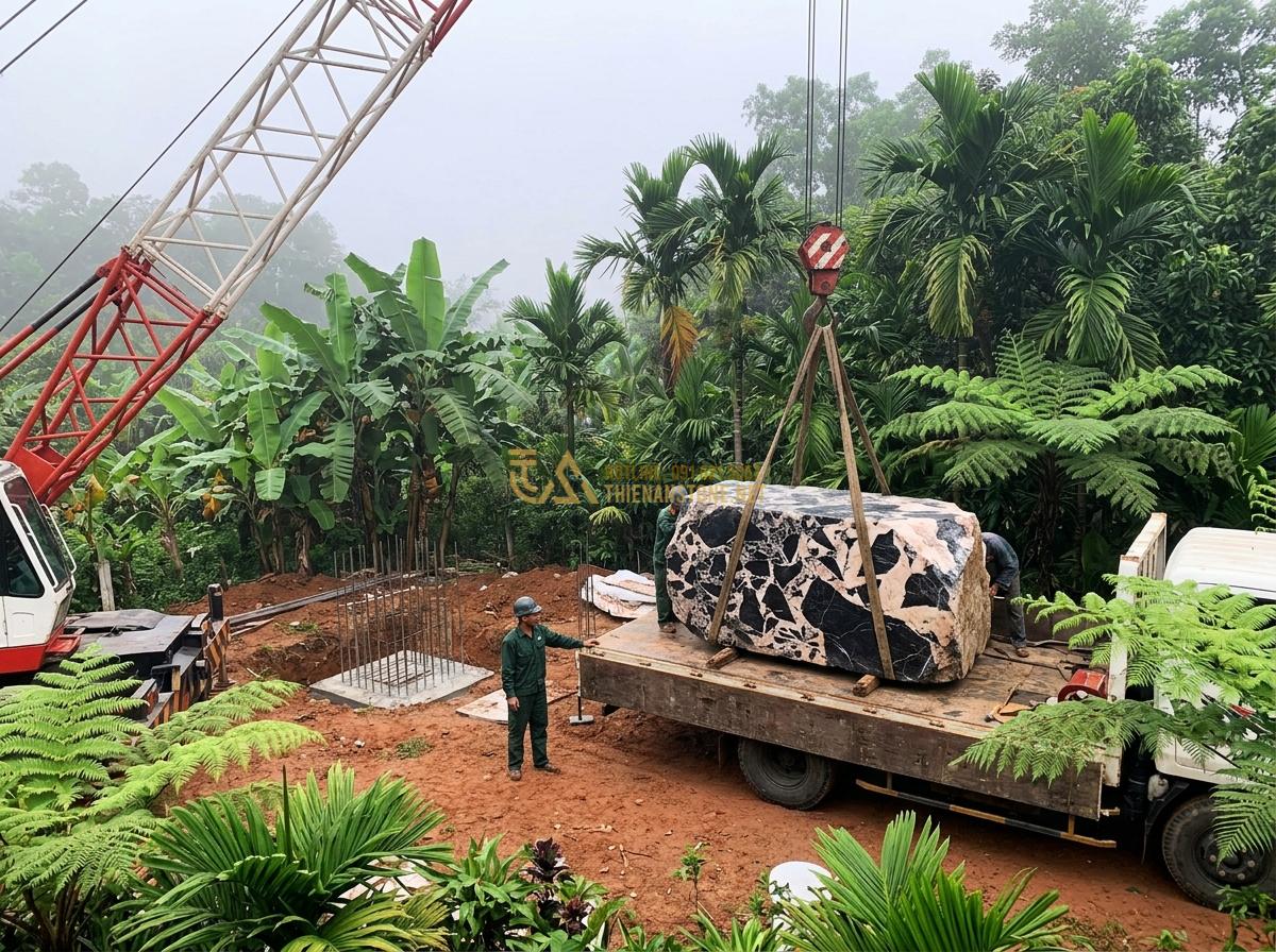 Mua Ang Nước Bằng Đá Tự Nhiên Ở Đâu Uy Tín? Địa Chỉ Chất Lượng Giá Tốt - Step-by-step installation process of a heavy natural stone water urn by professi