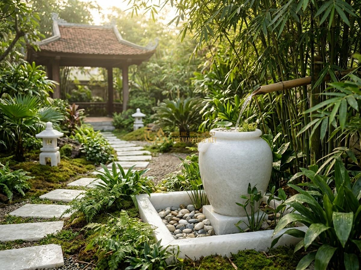 Mua Ang Nước Bằng Đá Tự Nhiên Ở Đâu Uy Tín? Địa Chỉ Chất Lượng Giá Tốt - Beautiful feng shui water feature with ang nuoc stone urn integrated with bamboo