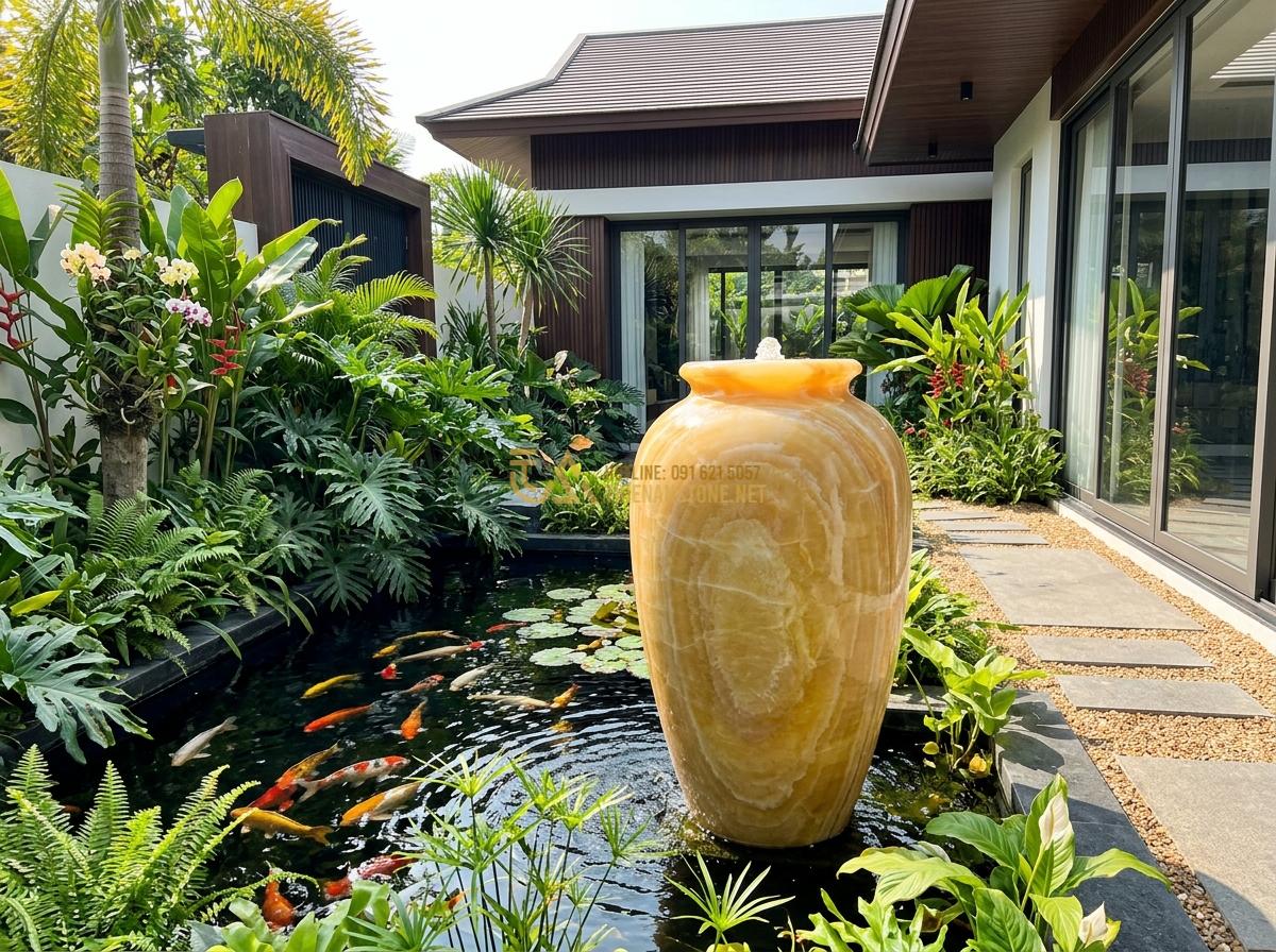 Mua Ang Nước Bằng Đá Tự Nhiên Ở Đâu Uy Tín? Địa Chỉ Chất Lượng Giá Tốt - Modern luxury villa garden featuring a natural stone water urn with cascading wa