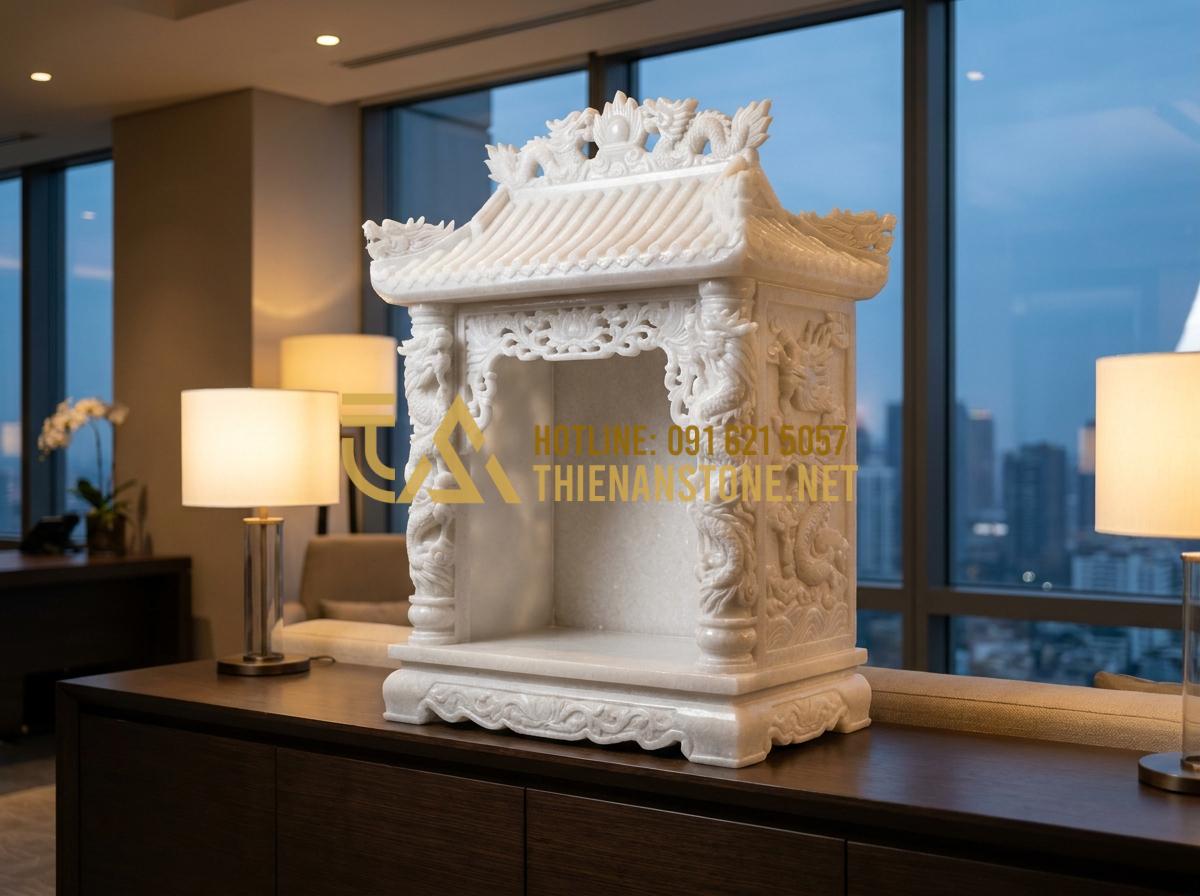 Mua Bàn Thờ Ông Địa Bằng Đá TPHCM: Top 5 Địa Chỉ Uy Tín Và Chất Lượng Nhất - Professional studio photograph of a magnificent white marble Ong Dia altar with