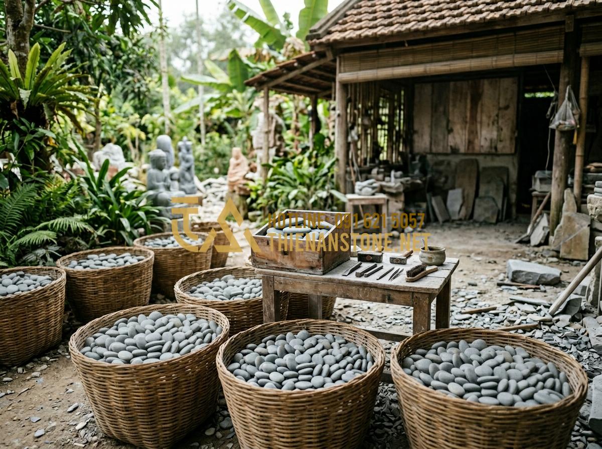 Mua đá cuội để vẽ ở đâu? Địa chỉ bán đá cuội vẽ chất lượng, giá rẻ - Hình 2 Mua đá cuội để vẽ ở đâu? Địa chỉ bán đá cuội vẽ chất lượng, giá rẻ - Tạo ảnh tiếng Anh: A wide shot of a traditional stone workshop in Vietnam. Large