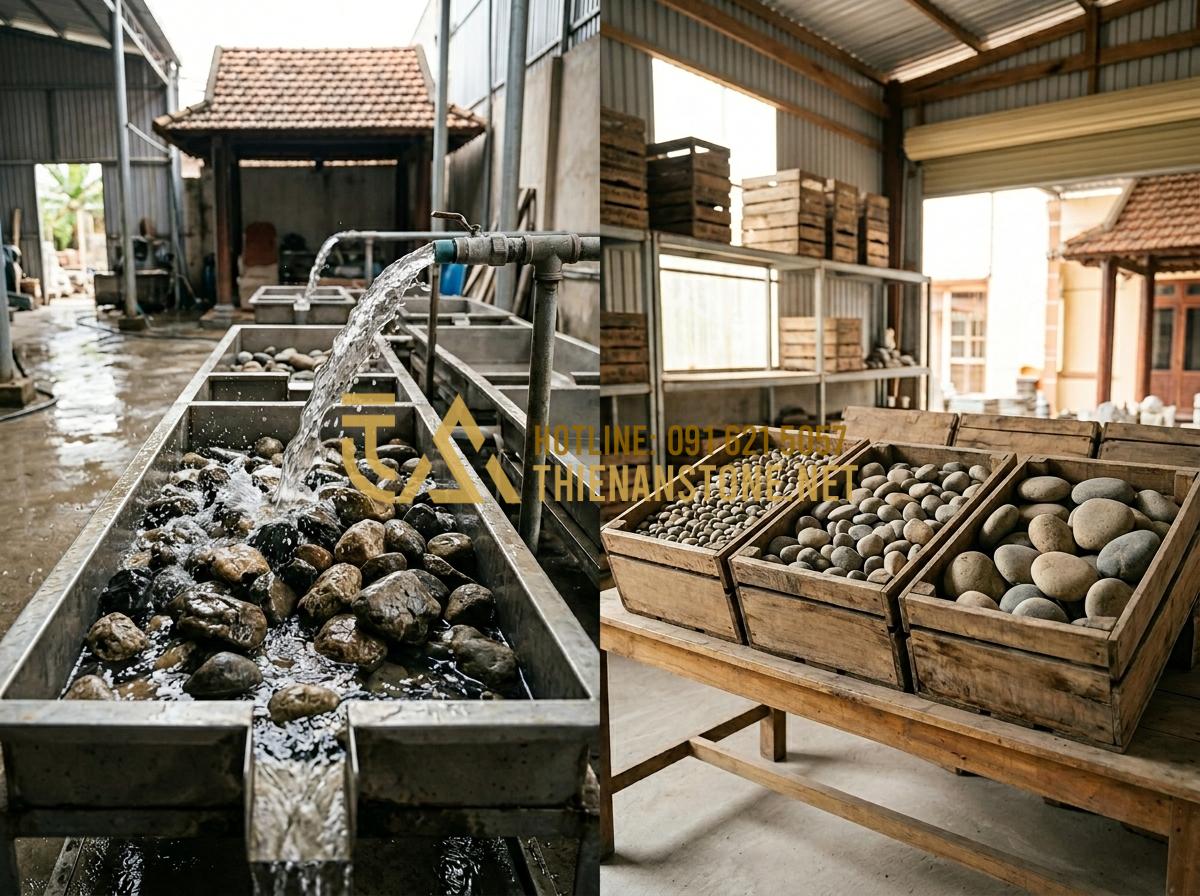 Mua đá cuội để vẽ ở đâu? Địa chỉ bán đá cuội vẽ chất lượng, giá rẻ - Hình 4 Mua đá cuội để vẽ ở đâu? Địa chỉ bán đá cuội vẽ chất lượng, giá rẻ - Tạo ảnh tiếng Anh: A montage showing the process of stone preparation. One side