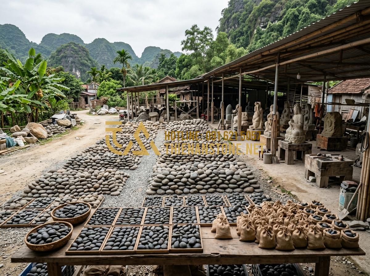 Mua đá cuội để vẽ ở đâu? Địa chỉ bán đá cuội vẽ chất lượng, giá rẻ - Hình 6 Mua đá cuội để vẽ ở đâu? Địa chỉ bán đá cuội vẽ chất lượng, giá rẻ - Tạo ảnh tiếng Anh: A panoramic view of the Thien An Stone Craft Village workshop
