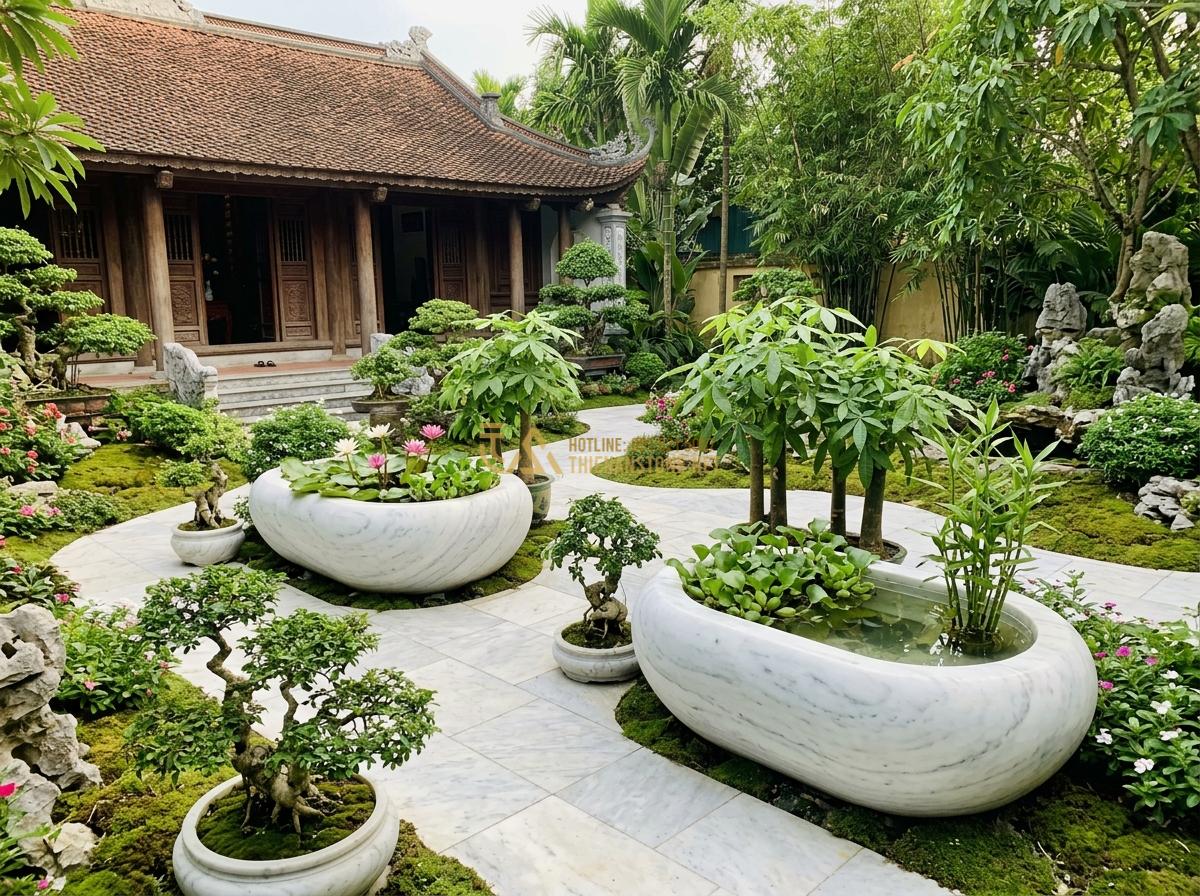Nên Chọn Ang Nước Đá Granite Hay Marble Cho Tiểu Cảnh? So Sánh Chi Tiết - Hình 15 Nên Chọn Ang Nước Đá Granite Hay Marble Cho Tiểu Cảnh? So Sánh Chi Tiết - Feng shui garden layout photo featuring granite and marble water basins position