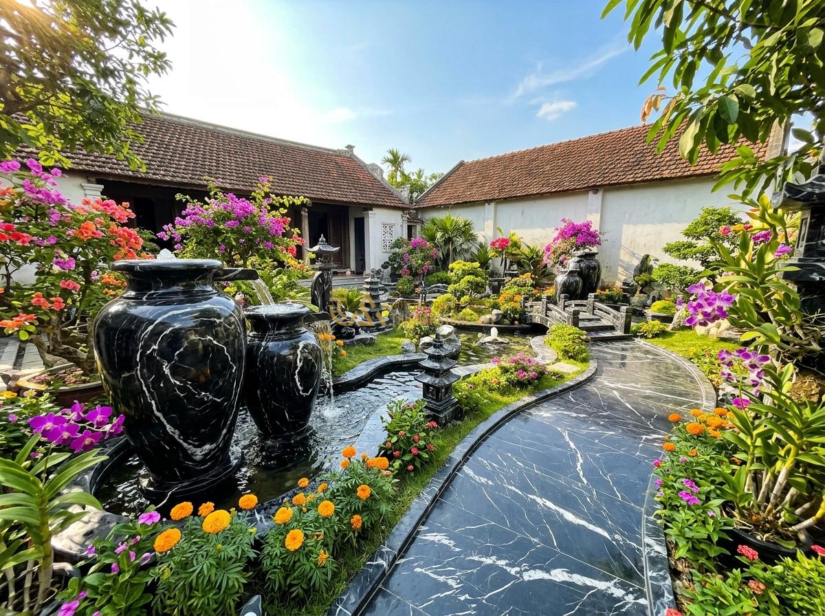 Nên Chọn Ang Nước Đá Granite Hay Marble Cho Tiểu Cảnh? So Sánh Chi Tiết - Hình 2 Nên Chọn Ang Nước Đá Granite Hay Marble Cho Tiểu Cảnh? So Sánh Chi Tiết - Wide angle view of a modern garden miniature landscape featuring large polished