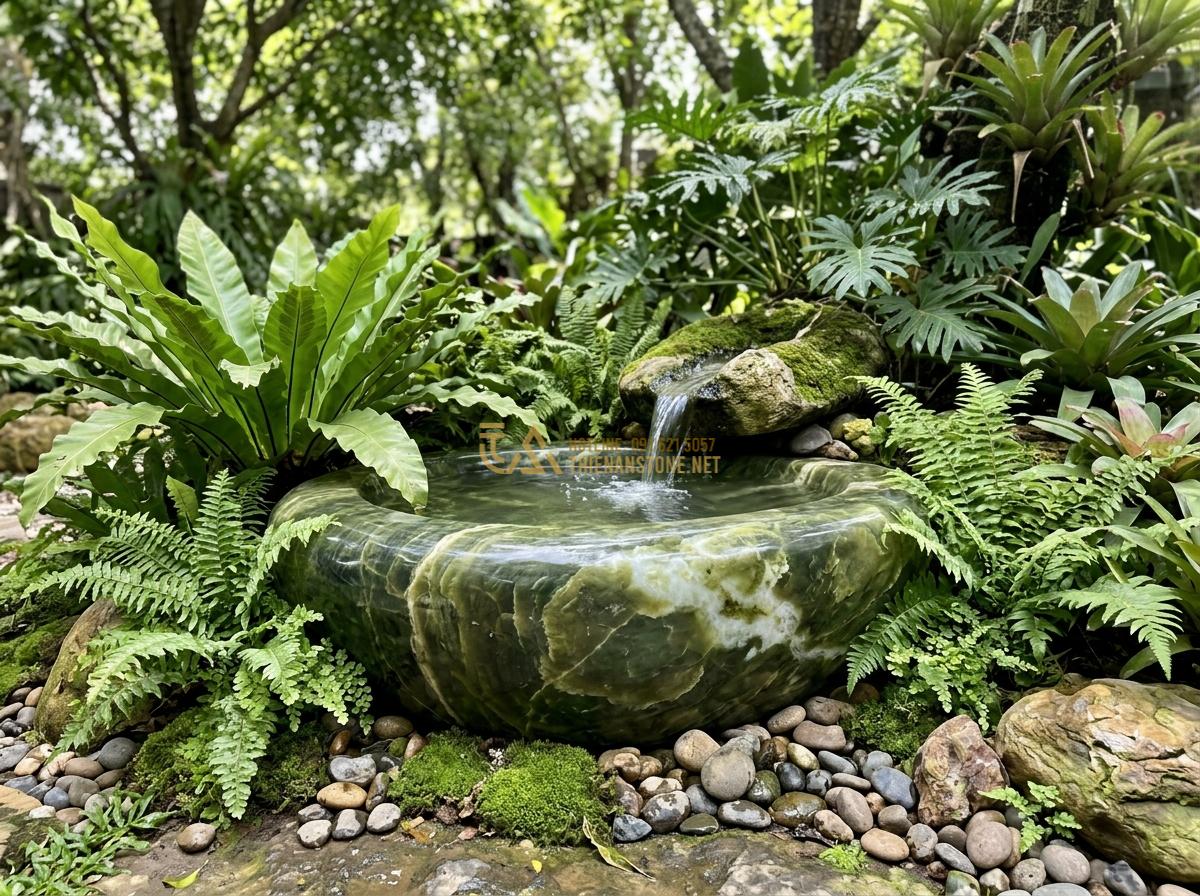 Nên Chọn Ang Nước Đá Granite Hay Marble Cho Tiểu Cảnh? So Sánh Chi Tiết - Hình 6 Nên Chọn Ang Nước Đá Granite Hay Marble Cho Tiểu Cảnh? So Sánh Chi Tiết - Beautiful marble stone water feature basin in a shaded garden corner showing its