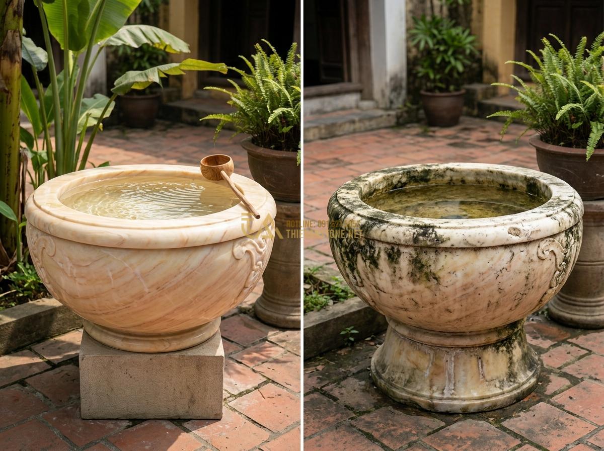 Nên Chọn Ang Nước Đá Granite Hay Marble Cho Tiểu Cảnh? So Sánh Chi Tiết - Hình 7 Nên Chọn Ang Nước Đá Granite Hay Marble Cho Tiểu Cảnh? So Sánh Chi Tiết - Side-by-side comparison photo of granite vs marble water basins exposed to outdo