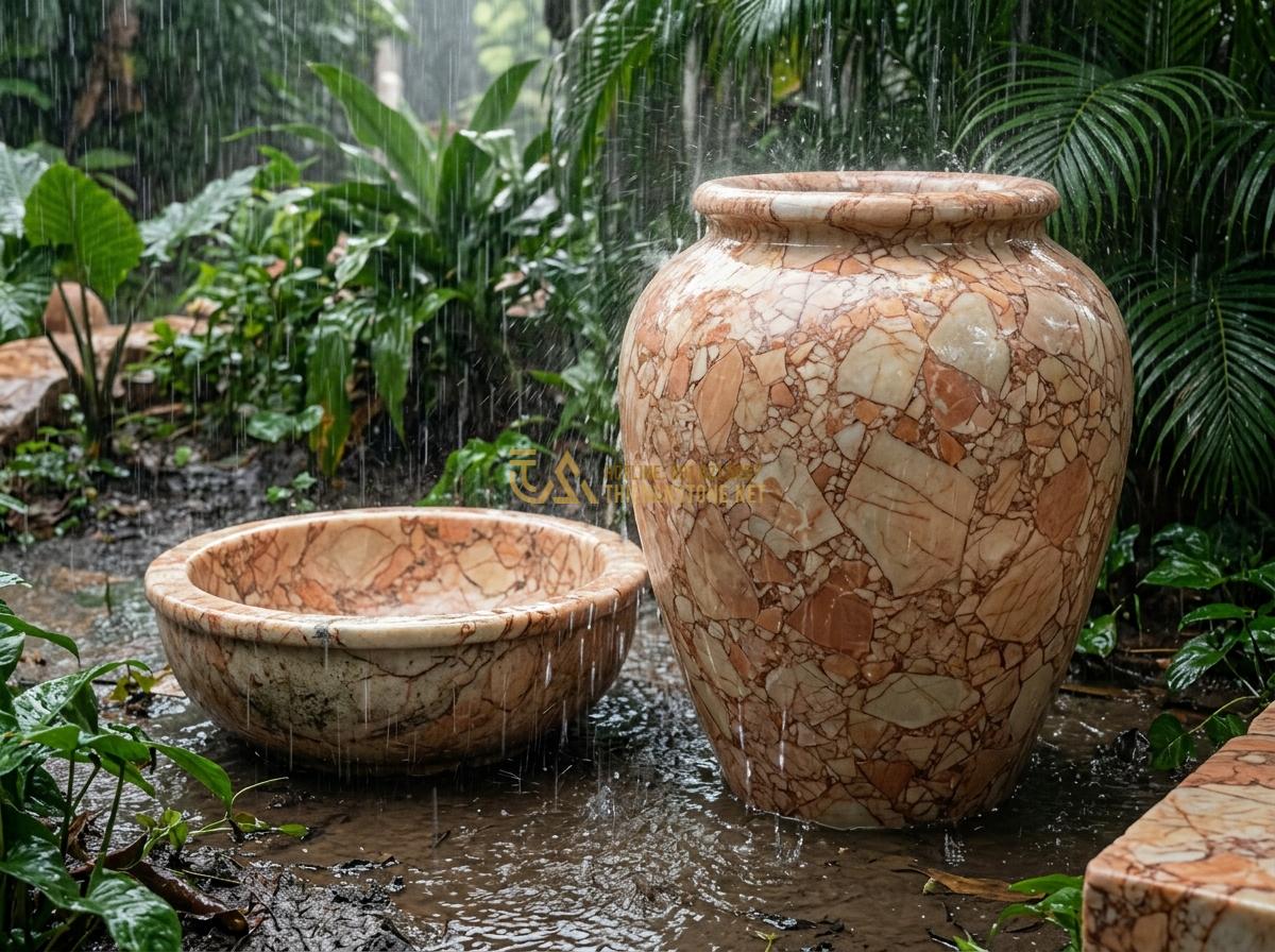 Nên Chọn Ang Nước Đá Granite Hay Marble Cho Tiểu Cảnh? So Sánh Chi Tiết - Hình 8 Nên Chọn Ang Nước Đá Granite Hay Marble Cho Tiểu Cảnh? So Sánh Chi Tiết - Durable granite water pot standing strong in heavy rain next to a slightly weath