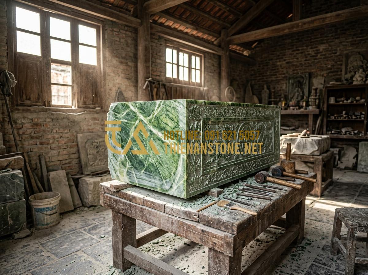 Nên Chọn Bàn Thờ Đá Công Giáo Đá Trắng Hay Đá Cẩm Thạch Là Tốt Nhất? - Tạo ảnh tiếng Anh: [A wide shot of a master stone carver working on a massive bl