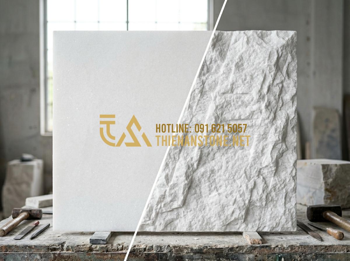 Nên Chọn Bàn Thờ Đá Công Giáo Đá Trắng Hay Đá Cẩm Thạch Là Tốt Nhất? - Tạo ảnh tiếng Anh: [Side-by-side comparison of two stone textures, on the left i