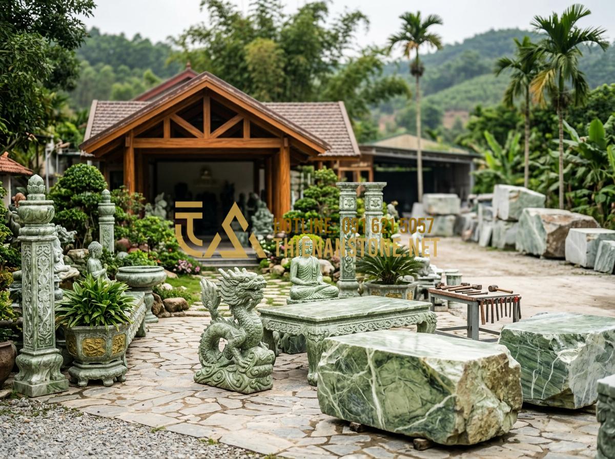 Nên Chọn Bàn Thờ Đá Công Giáo Đá Trắng Hay Đá Cẩm Thạch Là Tốt Nhất? - Tạo ảnh tiếng Anh: [The entrance of Thien An Stone workshop in Phu Tho, showing