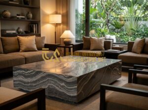 Nên chọn bàn trà bằng đá hay bàn trà gỗ cho không gian phòng khách? - Tạo ảnh tiếng Anh: A high-end luxury living room interior with a masterpiece nat