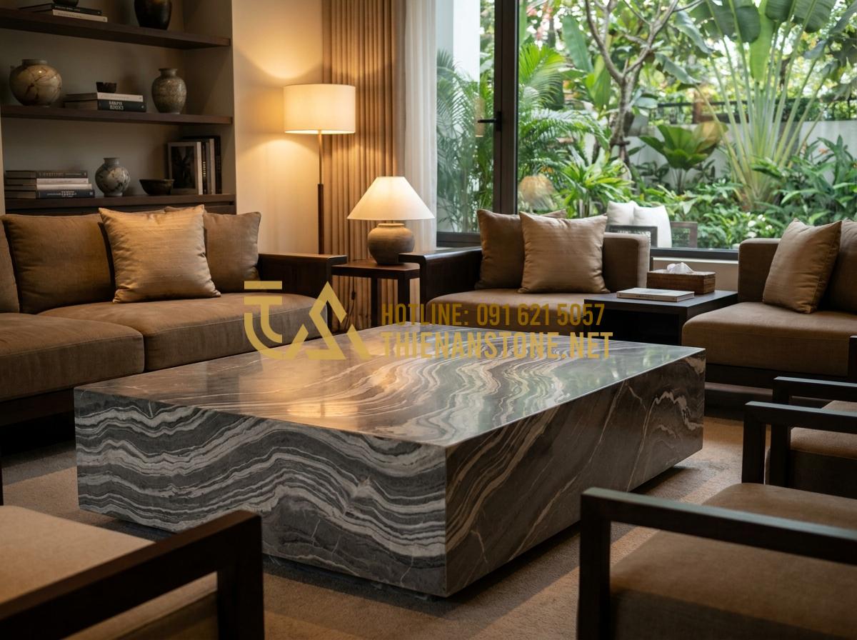 Nên chọn bàn trà bằng đá hay bàn trà gỗ cho không gian phòng khách? - Hình 1 Nên chọn bàn trà bằng đá hay bàn trà gỗ cho không gian phòng khách? - Tạo ảnh tiếng Anh: A high-end luxury living room interior with a masterpiece nat