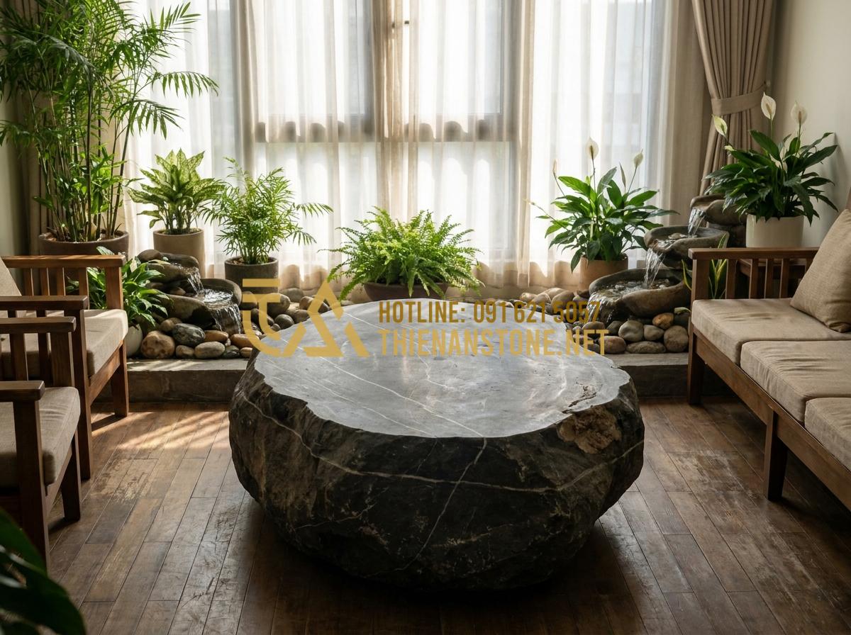 Nên chọn bàn trà bằng đá hay bàn trà gỗ cho không gian phòng khách? - Hình 5 Nên chọn bàn trà bằng đá hay bàn trà gỗ cho không gian phòng khách? - Tạo ảnh tiếng Anh: A conceptual illustration of Feng Shui elements in a living r