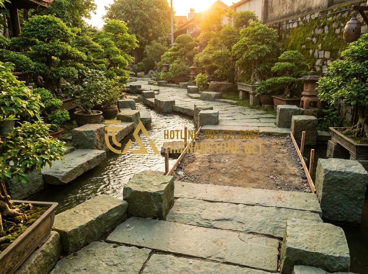 Nên chọn cầu đá tự nhiên hay cầu gỗ cho sân vườn? So sánh ưu nhược điểm chi tiết - Tạo ảnh tiếng Anh: A high-end landscape design of a traditional Vietnamese garde
