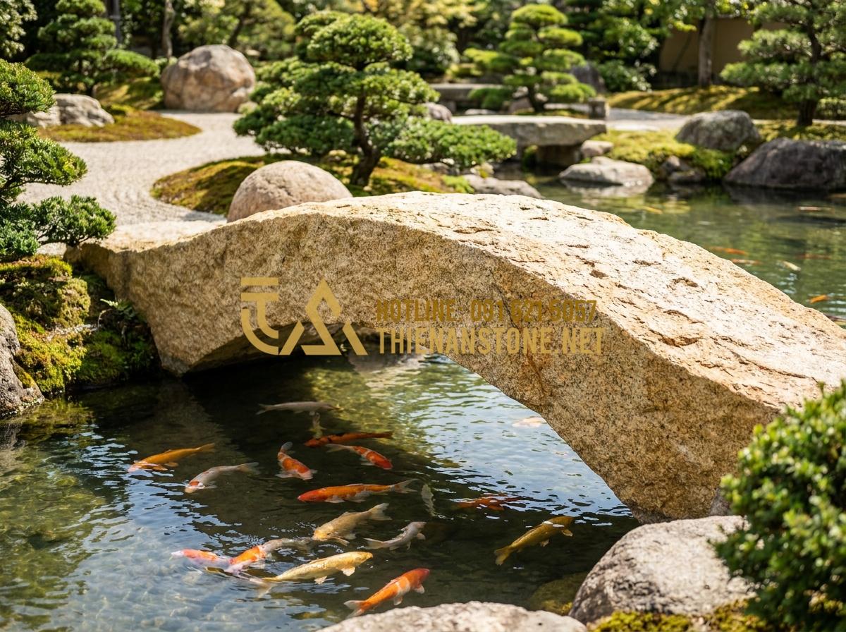 Nên chọn cầu đá tự nhiên hay cầu gỗ cho sân vườn? So sánh ưu nhược điểm chi tiết - Tạo ảnh tiếng Anh: A magnificent monolithic natural stone bridge made of blue li