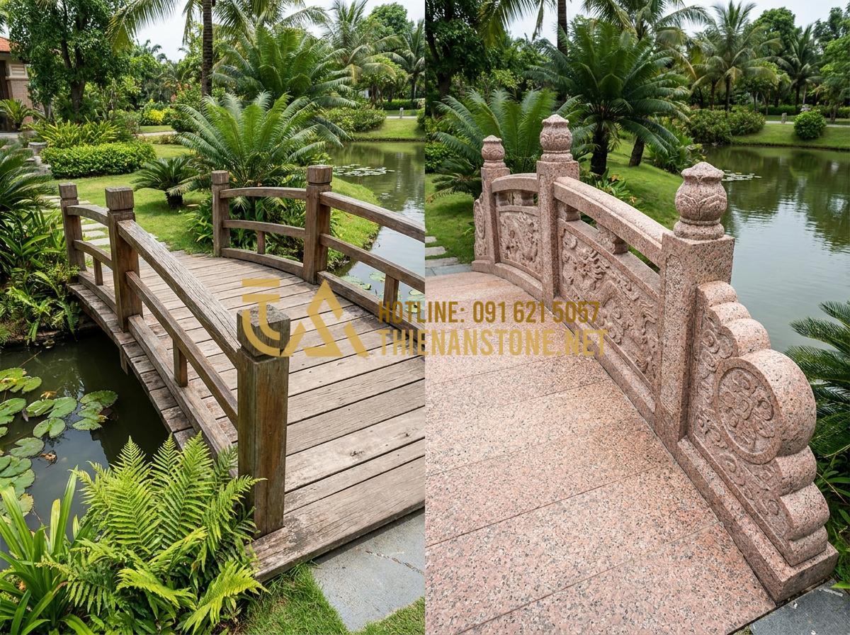 Nên chọn cầu đá tự nhiên hay cầu gỗ cho sân vườn? So sánh ưu nhược điểm chi tiết - Tạo ảnh tiếng Anh: A split-screen visual comparison: on the left, a traditional