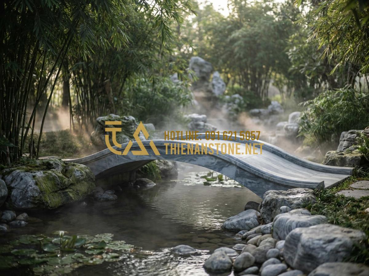 Nên chọn cầu đá tự nhiên hay cầu gỗ cho sân vườn? So sánh ưu nhược điểm chi tiết - Tạo ảnh tiếng Anh: A feng shui inspired garden scene featuring a stone bridge cu
