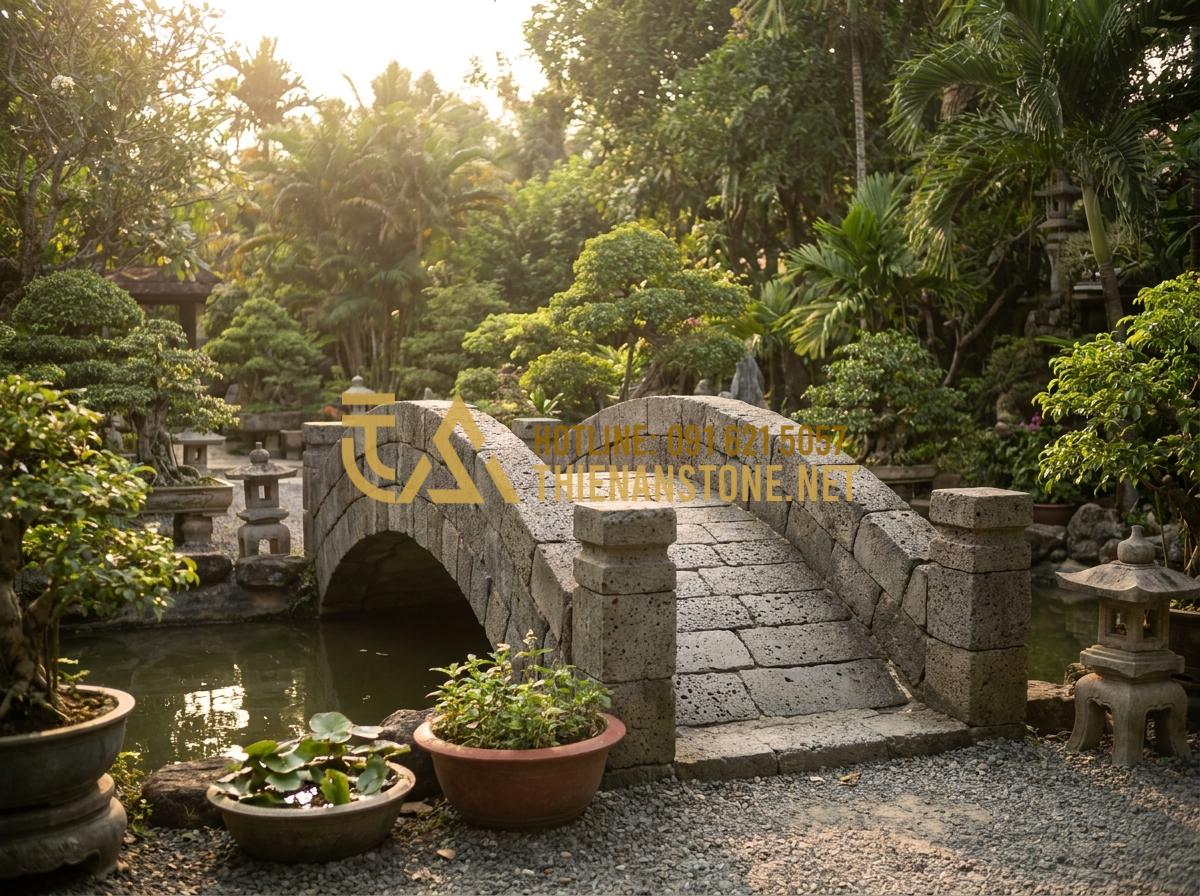 Nên chọn cầu đá tự nhiên hay cầu gỗ cho sân vườn? So sánh ưu nhược điểm chi tiết - Tạo ảnh tiếng Anh: A final peaceful shot of a completed garden with a stone brid